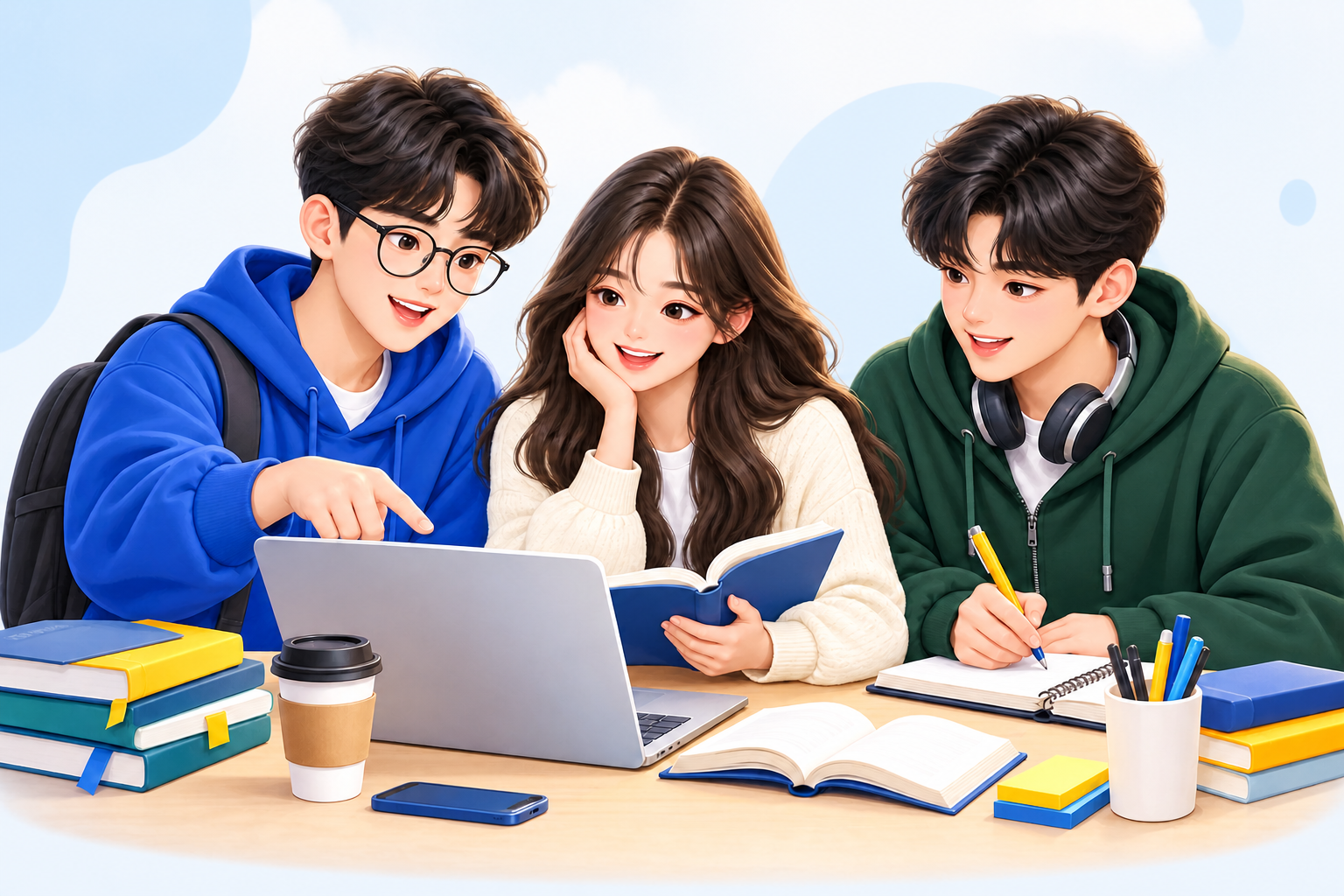 Ba sinh viên cùng học và chia sẻ nội dung bài học